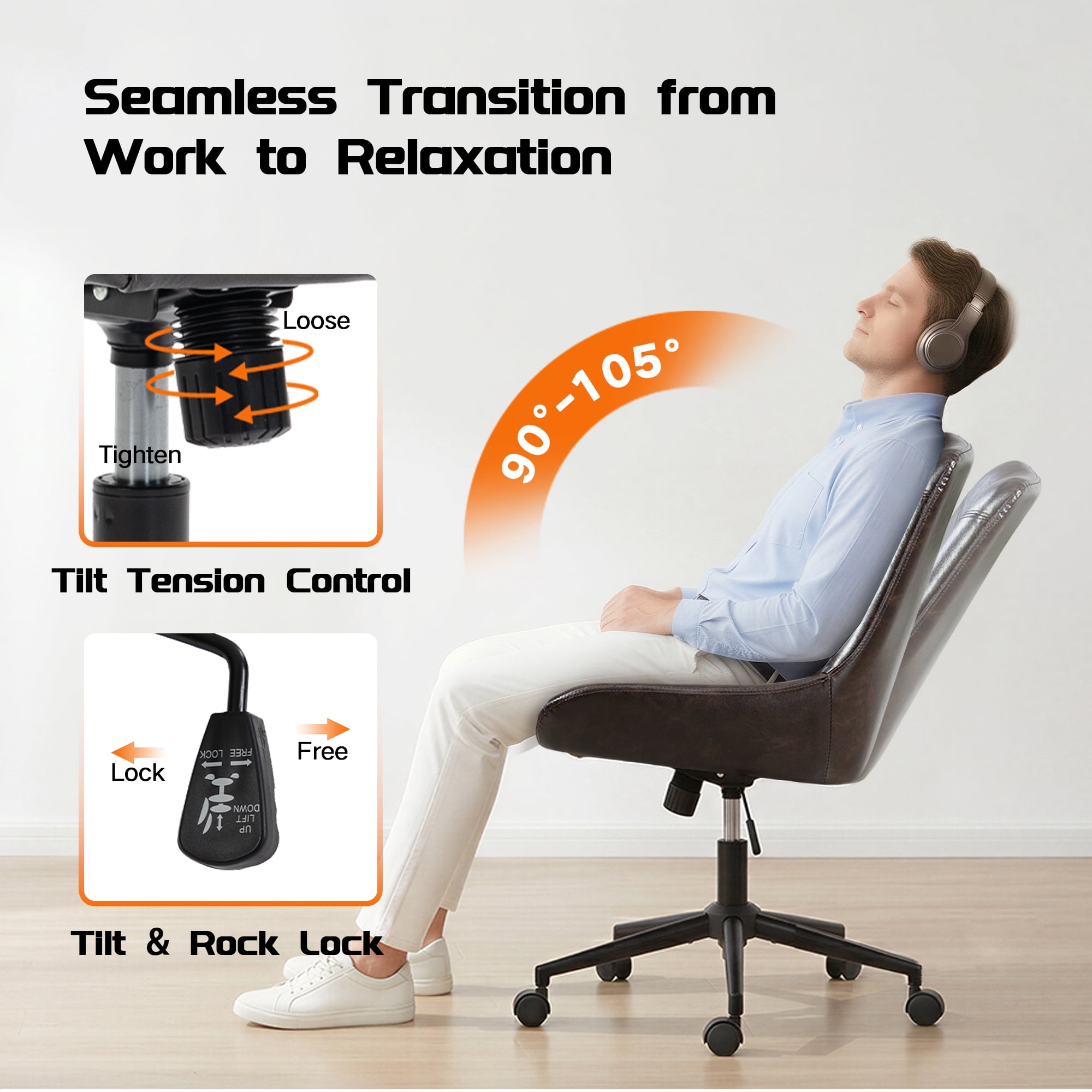 Faux Leather Home Office Task Chair, Armless Office Chair With Wheels, Swivel Adjustable Seat Height Desk Chair with Rocking Function for Living Room or Study, Black Brown