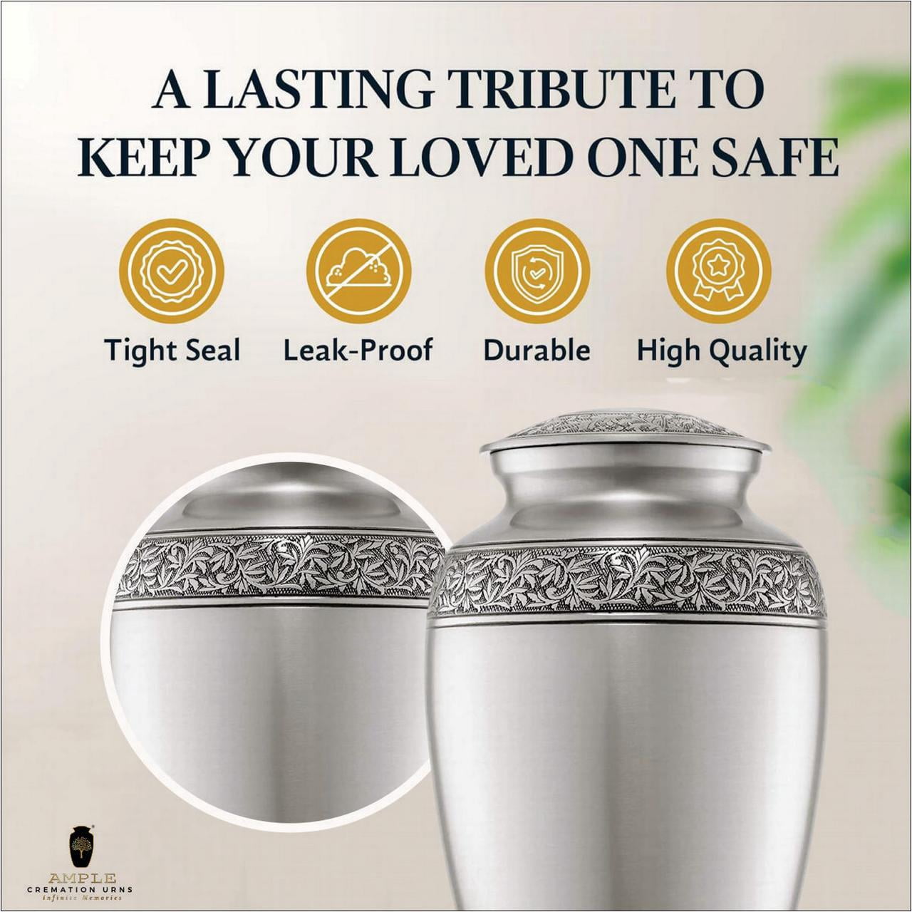 Ample Cremation Urns for Ashes - Meena Coated Aluminum Memorial Urns | Elegant Design | 4 Size Options (Keepsake 3x2 inch & Large 10.5x6.5 inch) Engravable Large (Hold 220 Cu) (Model No - ACU011)