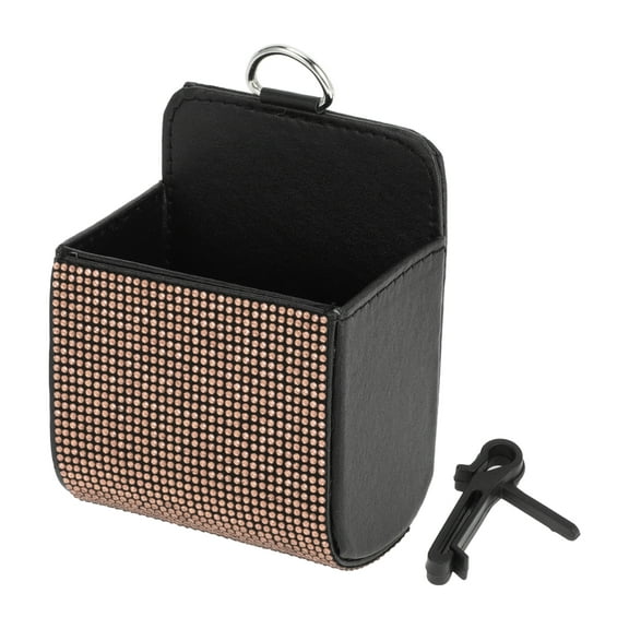 Unique Bargains Universal 3.5" Length 2.4" Width 4.7" Height Car Trash Can Hanging Trash Bin Faux Leather Rhinestones 1 Pcs Black Gold Tone