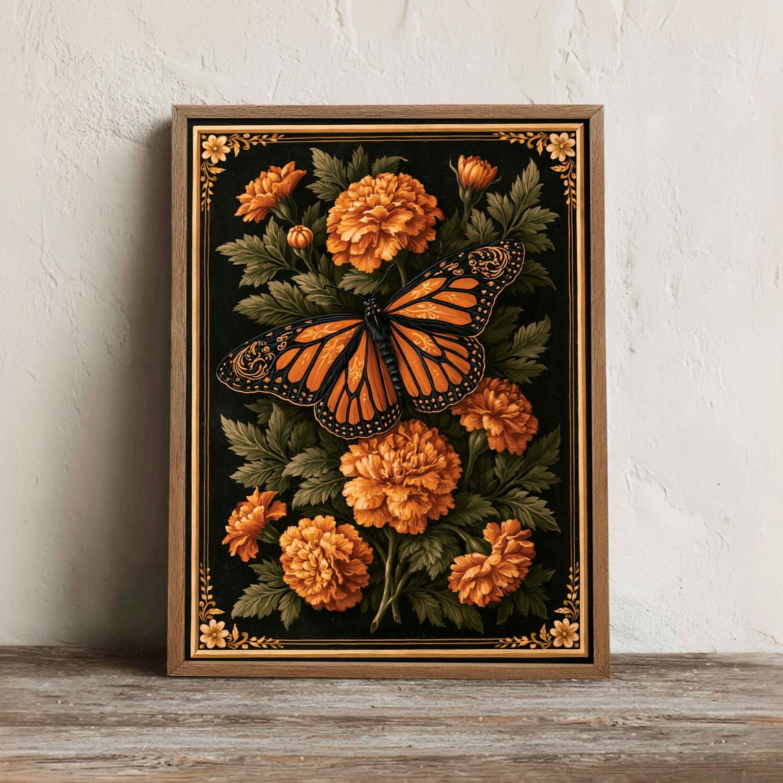 Mexican Monarch Butterfly Wall Art Print, Marigold Cempasuchil Decor
