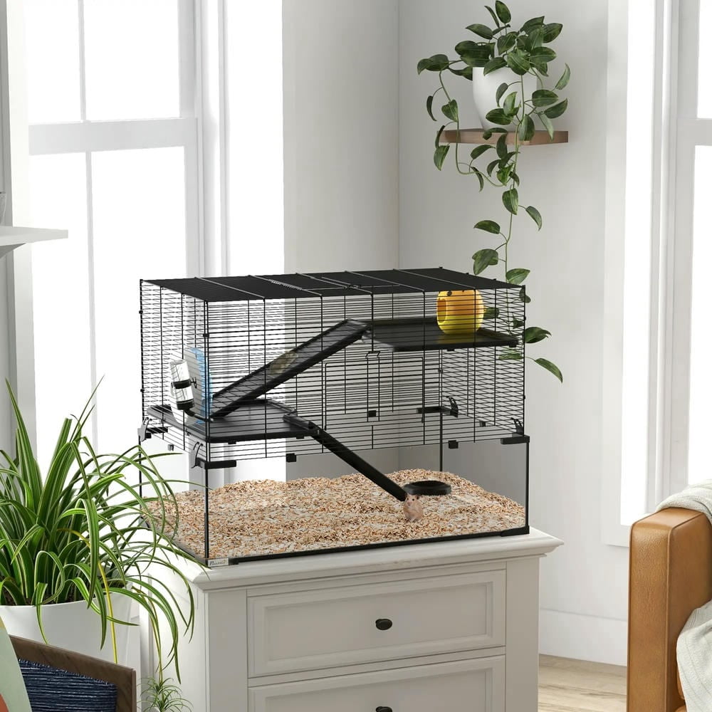 GVN Hamster Cage, Small Hamster Habitat,31" Hamster Cage, Gerbil Cage with Glass Basin for Small Hamsters, Black