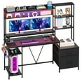 thumbnail image 7 of Reversible Computer Desk with Power Outlets LED Light, Home Office Desk with 2 Drawers, Black, 7 of 7