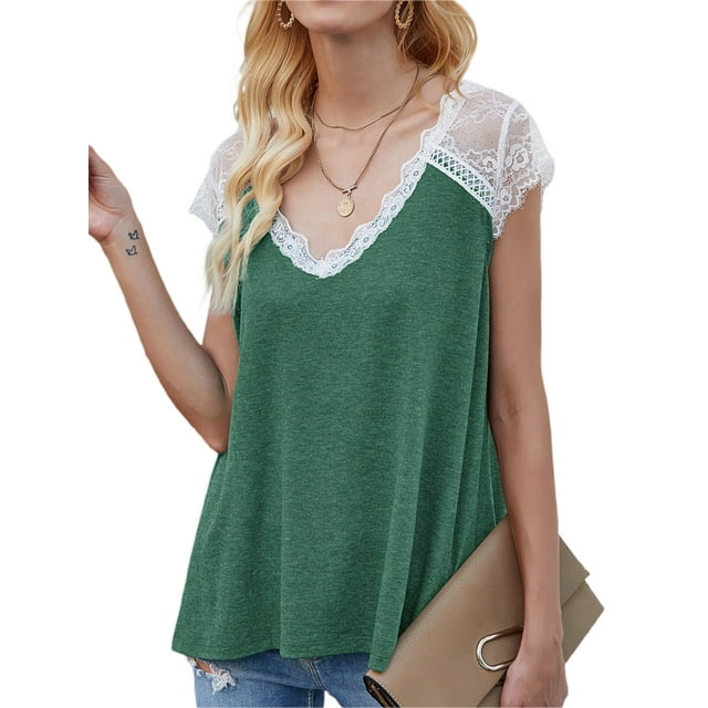 xiaxaixu Hauts en Dentelle Crochet pour Femmes, T-Shirts d'Été Basiques à Manches Courtes Col en V Coupe Ample