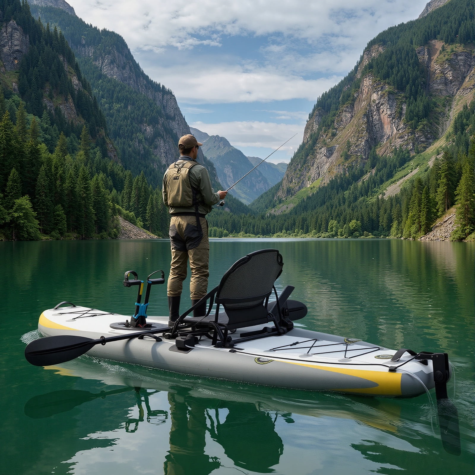 Bezliving 12ft Inflatable Kayak with Pedal System, Lightweight & Portable with Aluminum Seat, Rudder System, and Accessories Included, Yellow & Grey