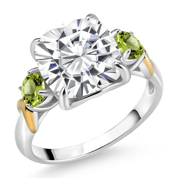 Gem Stone King 925 Silver and 10K Yellow Gold White Moissanite and Green Peridot 3 Stone Ring for Women (5.60 Cttw, Gemstone Birthstone, Cushion 10MM, Round 4MM, Size 7)