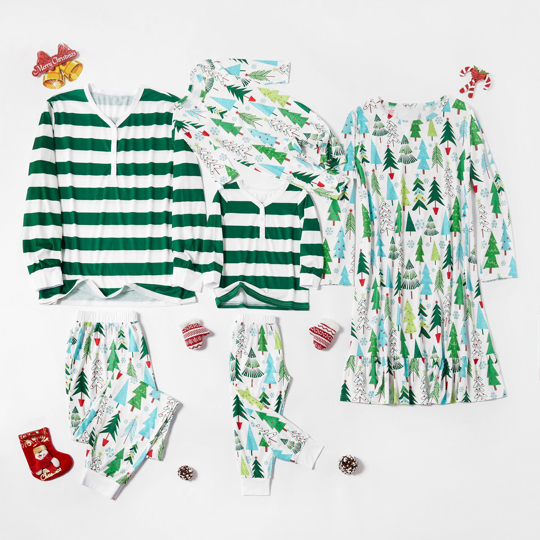 PatPat Family Matching Green Stripe Top and Christmas Tree Print