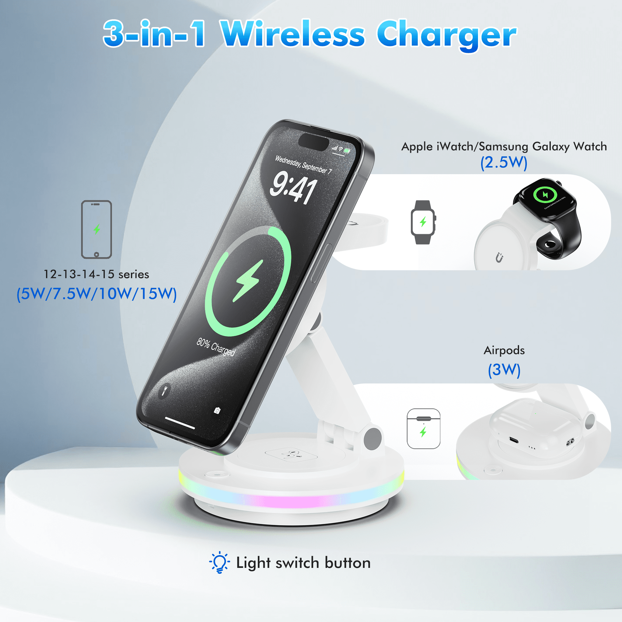 OWNTECH 20W 3-in-1 Wireless Charging Station Compatible with iPhone 16/15/14/Pro/Max, Apple Watch, AirPods Pro/4/3/2 - Fast Charger Pad with Night Light & Adapter Included (White)