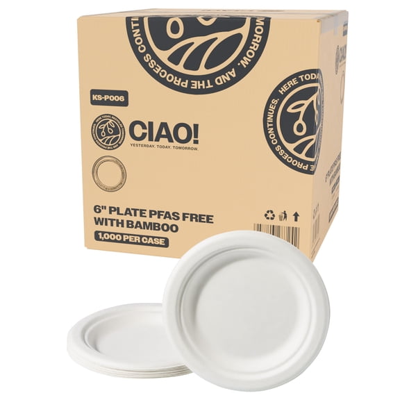 CIAO! 6" Heavy Duty Plate 100% Compostable Ecofriendly Unbleached Bagasse Natural White (Pack of 1,000)