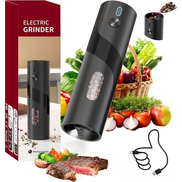 CIRCLE JOY Pepper Mill Grinder, Top-Refill Electric Rechargeable Black Pepper Grinder with 110ML Container for Home BBQ, Adjustable Coarseness, Led Light, USB Cable