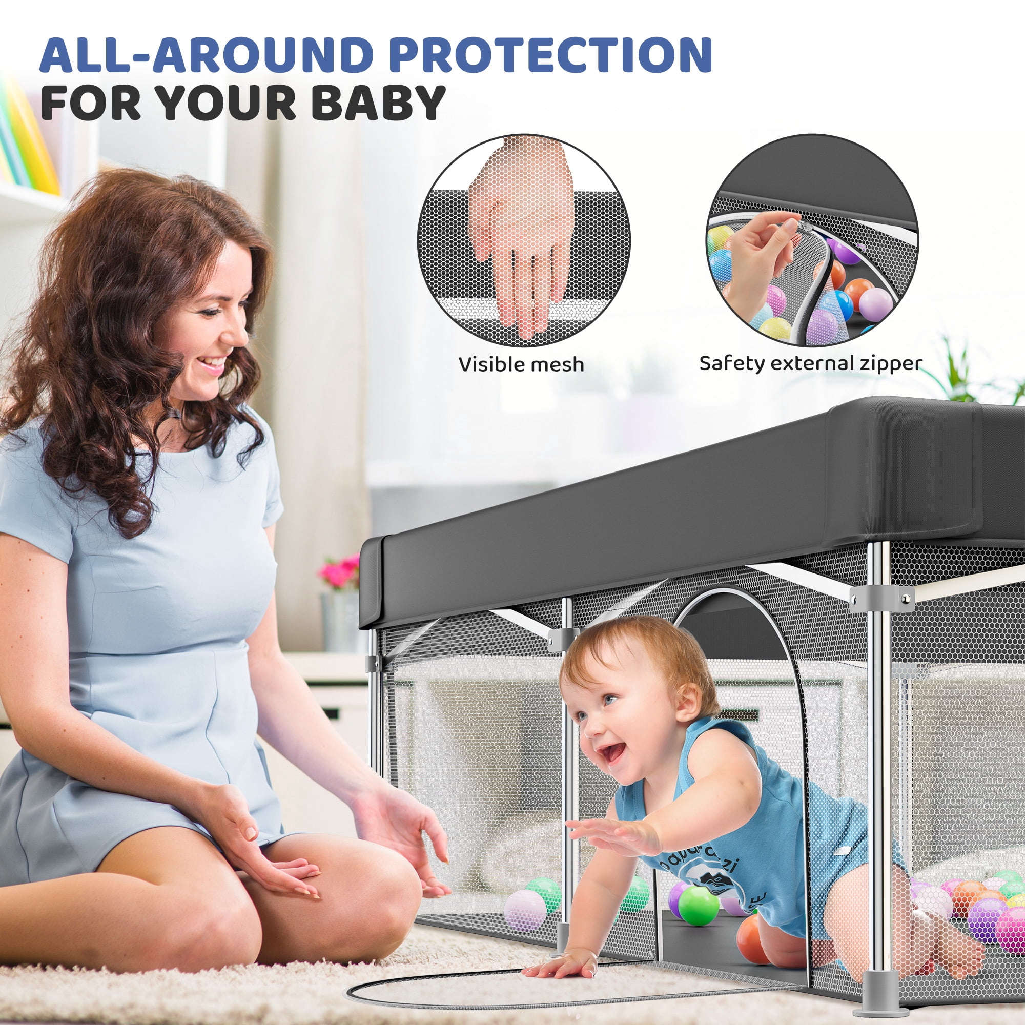 babyeap Foldable Baby Playpen,Playpens for Babies and Toddlers with Storage Bag,Indoor & Outdoor Baby Fence Play Pen Area,Dark Gray