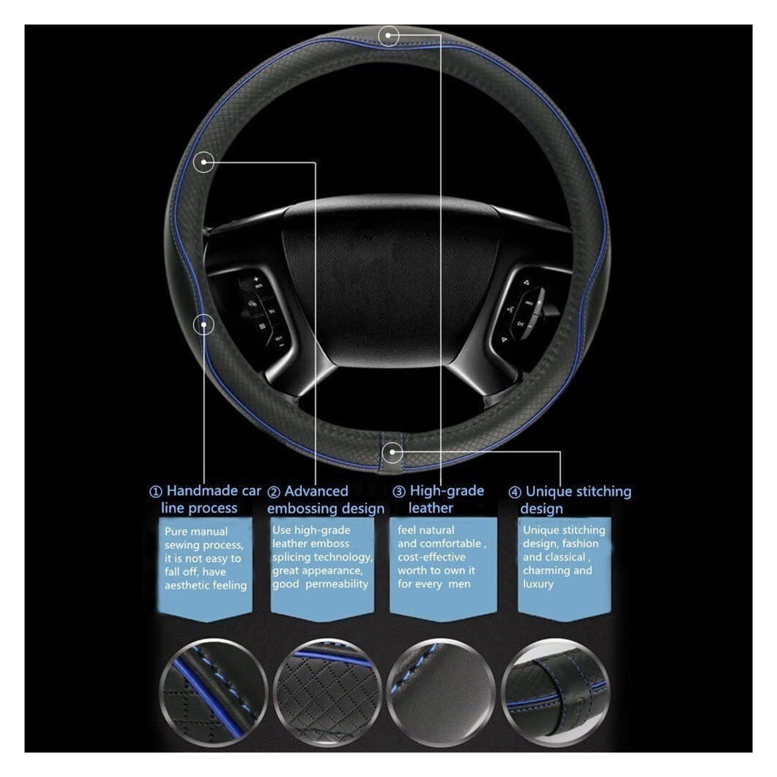 MPXBM PU Leather Steering Wheel Covers for Jeep Grand Cherokee L 6-Seater 2021 2022 2023 2024 2025 Anti Slip Breathable Car Steering Cover Sports Style Car Interior Accessories,(Black)