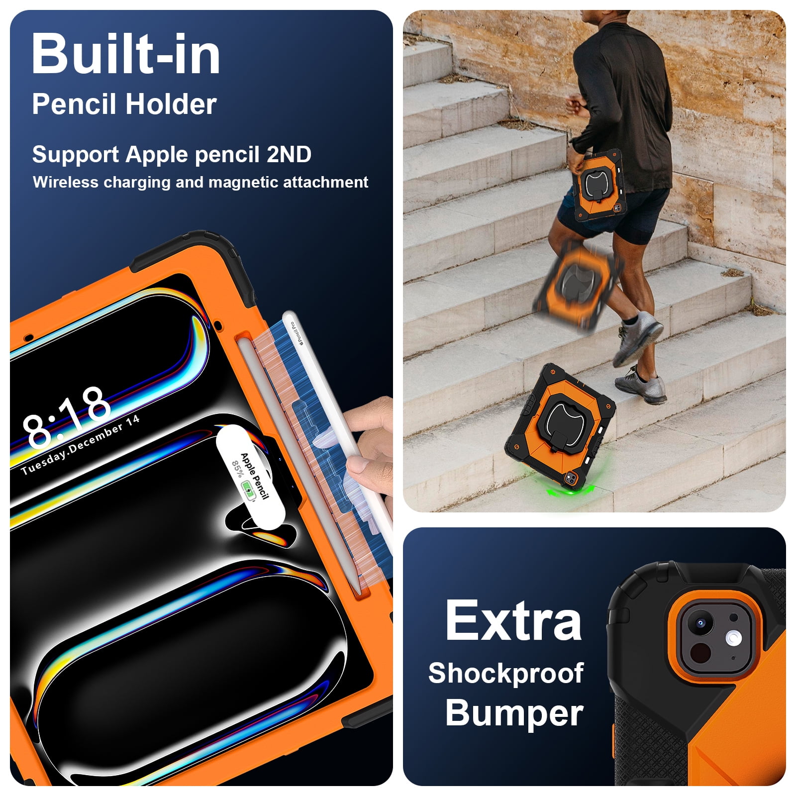 Dteck with Pencil Holder Case for iPad Pro 13 inch 2024,Heavy Duty Silicone Case 360 Degree Rotating Handle Stand Cover with Shoulder Strap for iPad Pro 13-in. (M4) ,Black+Orange