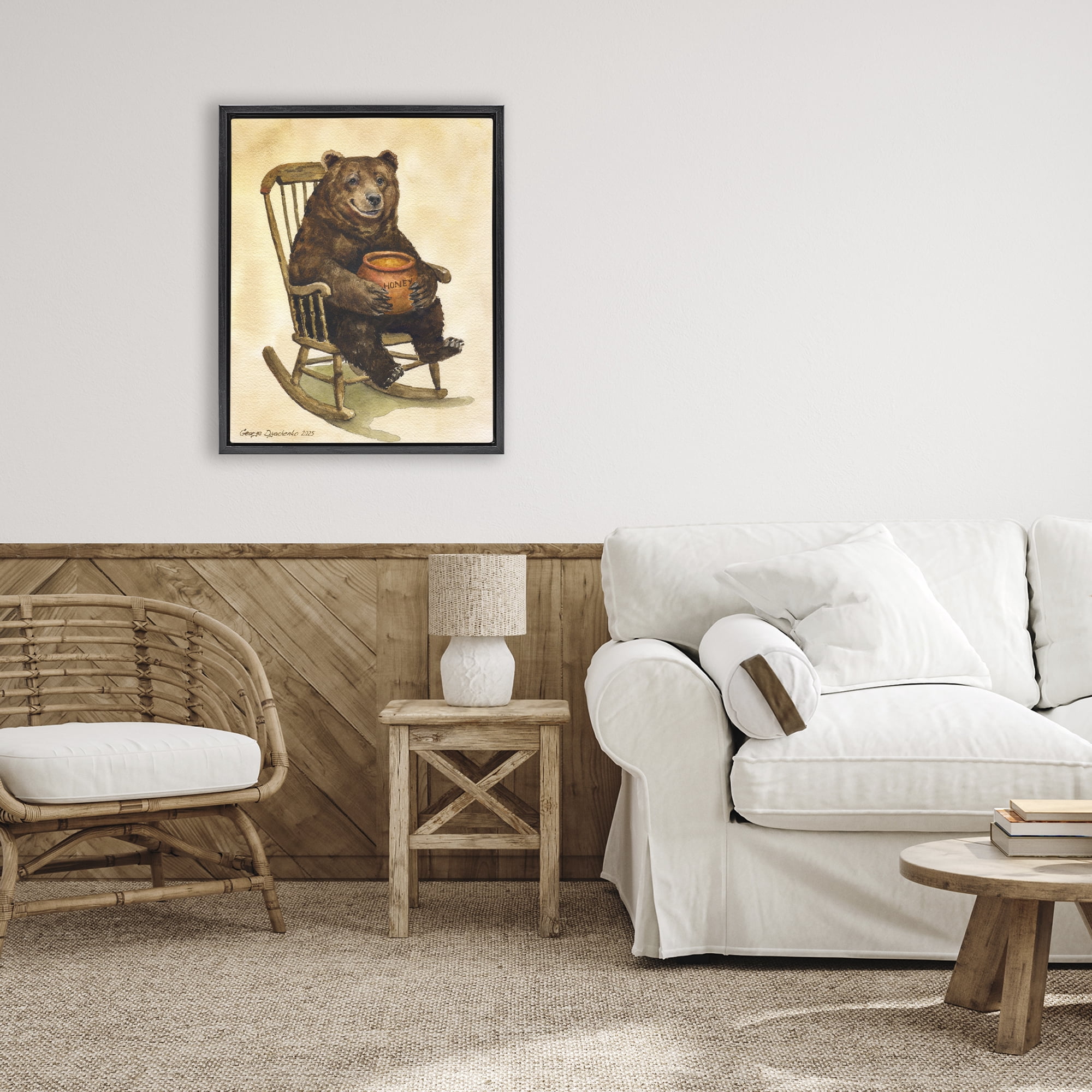 Stupell Industries Happy Bear & Pot of Honey Black Framed Floater Canvas Wall Art, design by George Dyachenko