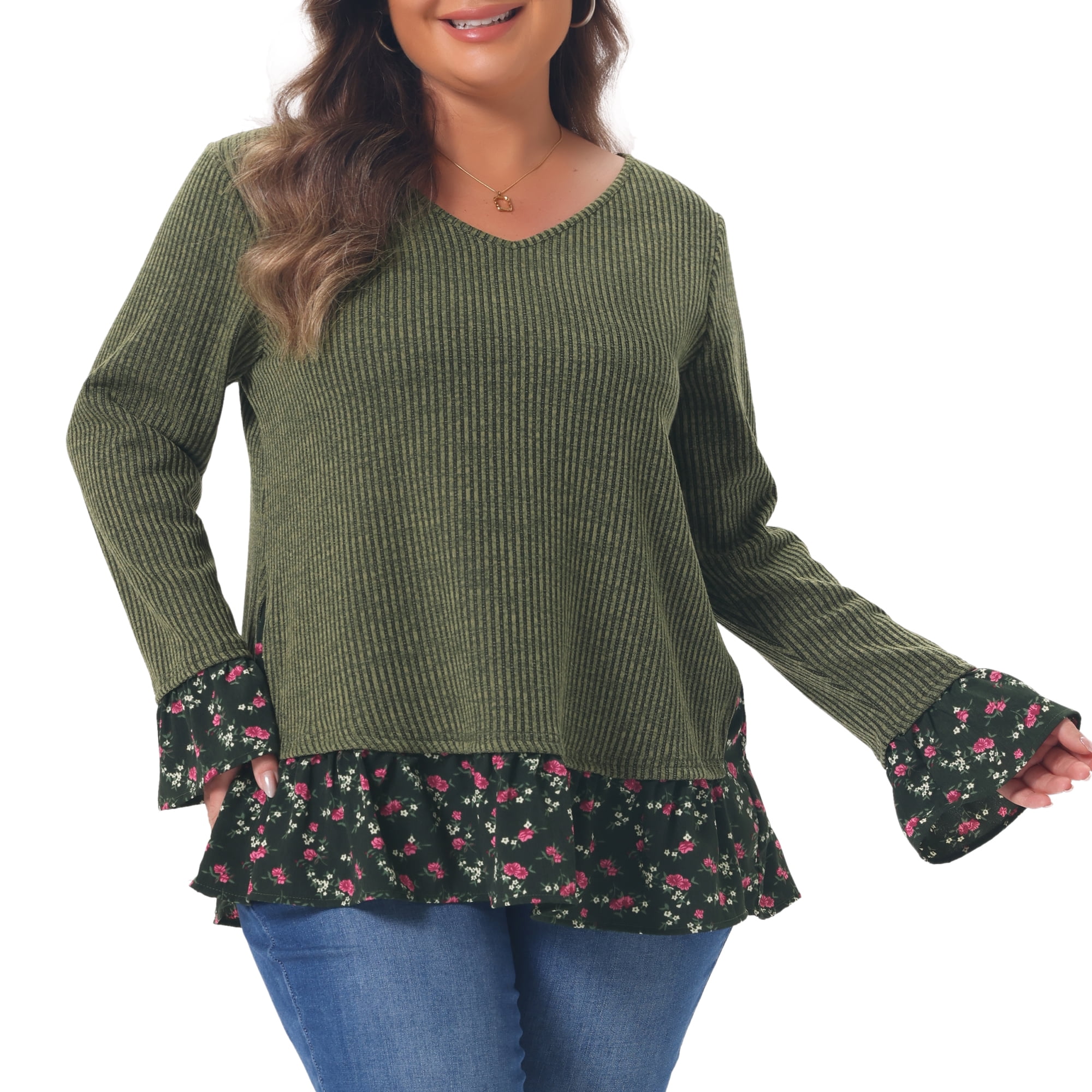 DARING DIVA Women's Plus Tunic Tops V Neck Rib Knit Pullover 3X Army Green