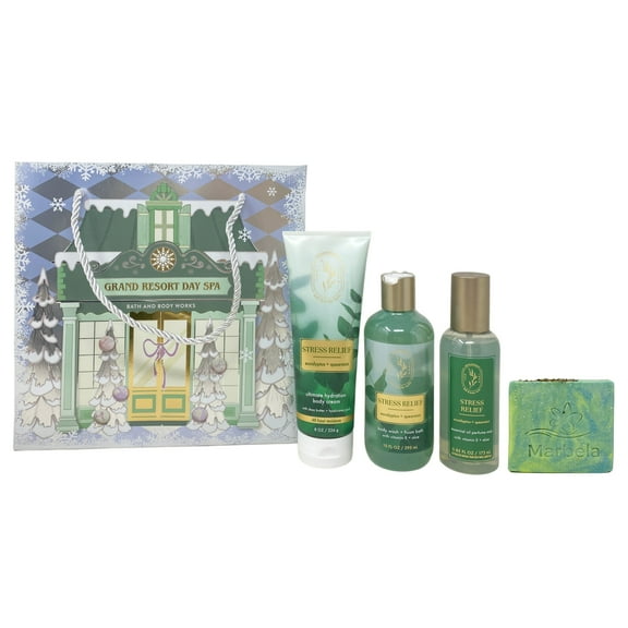 Bath & Body Works Aromatherapy Stress Relief Eucalyptus Spearmint Grand Resort Day Spa Gift Box Set - Body Cream, Body Wash and Essential Oil Perfume Mist - with a Fresh Forest Bar Soap