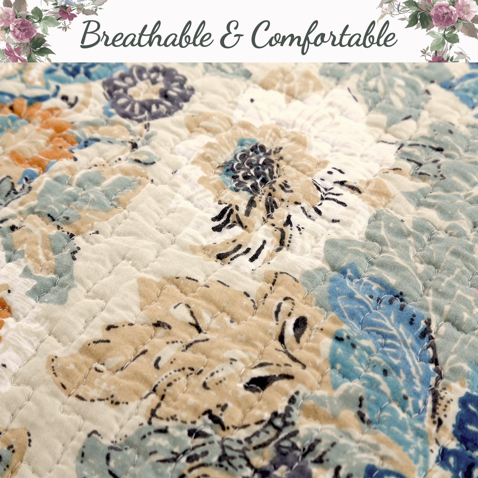 Cozy Line Home Fashions Luxury Classic Floral Bohemian Style 3-Piece 100% Cotton Reversible Quilt Set, King Set