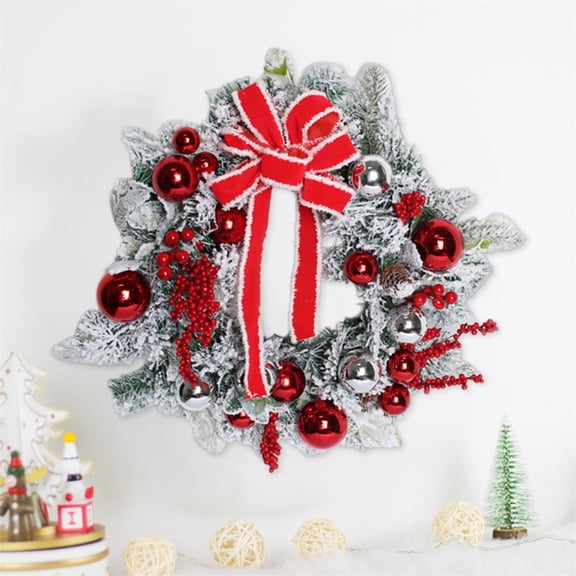 Peacheart 11.8" Christmas Wreath for Front Door, Snow Flocked Artificial Pine Wreath with Red Bow Berry Ball Ornament for Indoor Outdoor Christmas Home Wall Window Decor