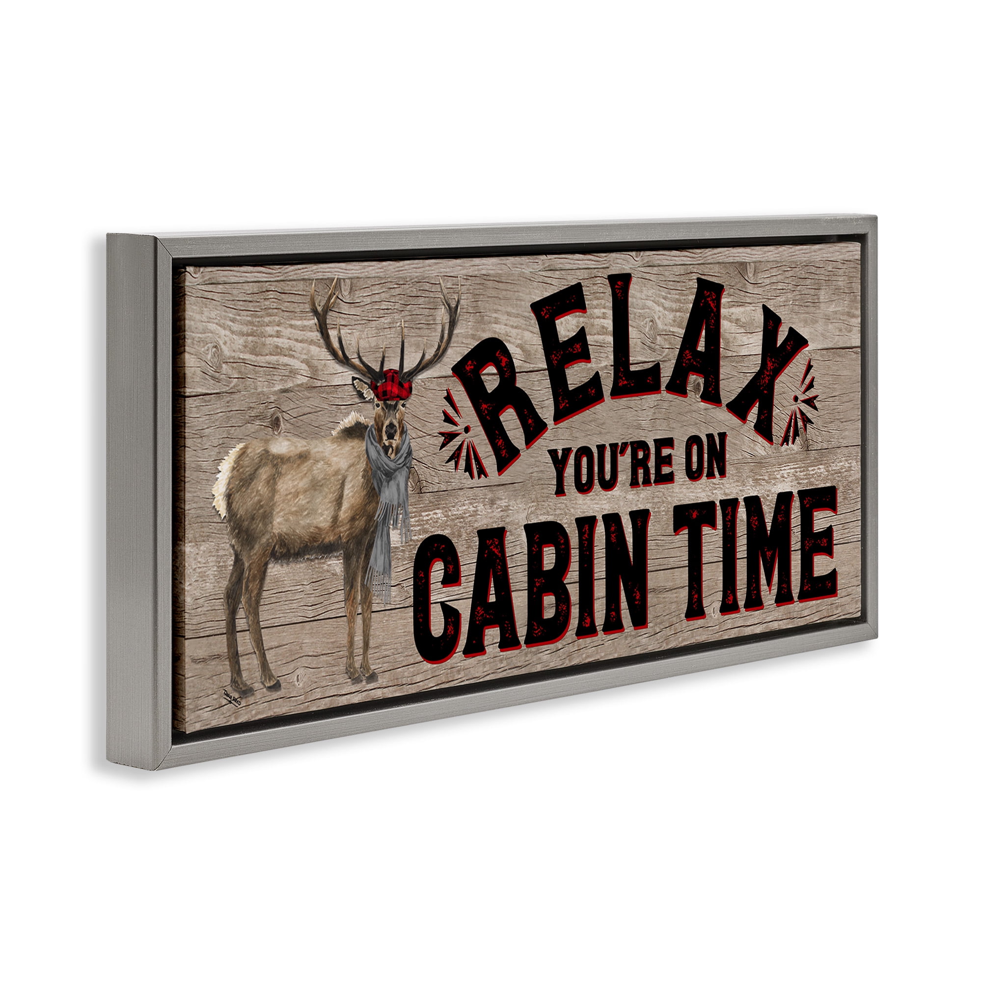 Stupell Industries Cabin Time Phrase with Deer Animals & Insects Painting Gray Floater Framed Canvas Art Print Wall Art, 25 x 11