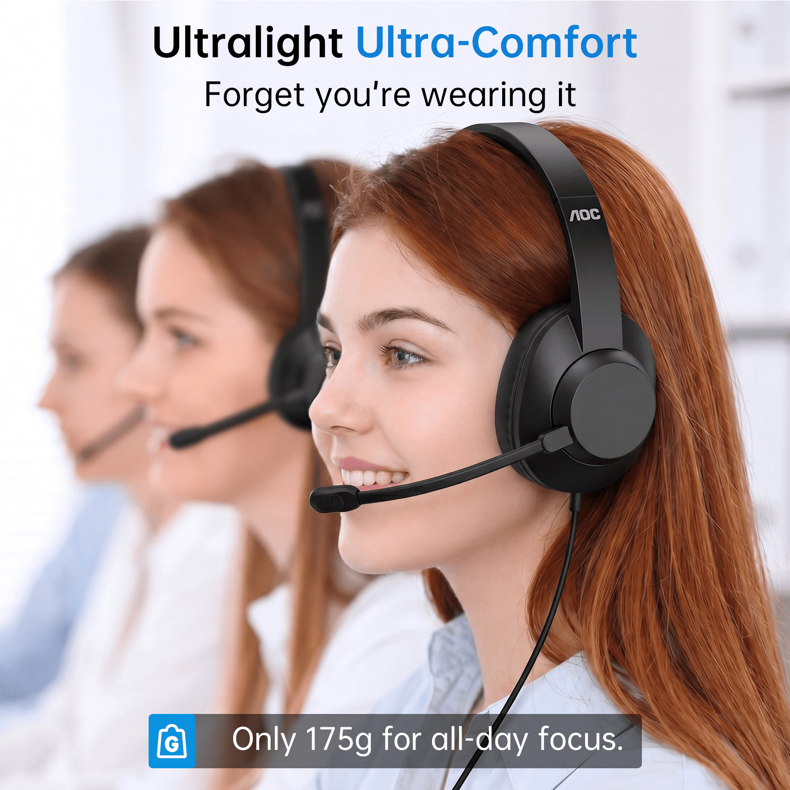 AOC USB Headset with Noise Cancelling Microphone for Work, Lightweight Wired Headphones, Noise-Cancelling Boom, 40mm Audio Drivers, USB-A/C for PC,Mac,Office,Call Centers,Online Meetings