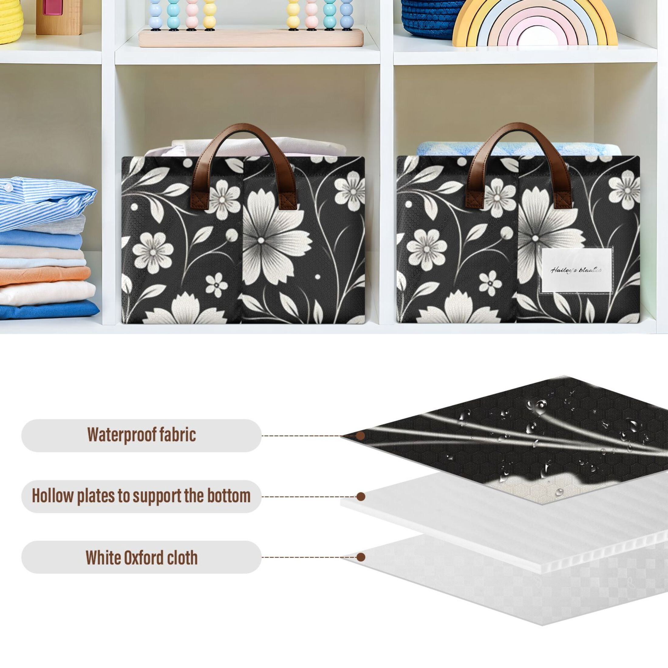 Retro White and Black Flowers Storage Bins with Handles Foldable Storage Baskets for Shelves Organizer Cloth Baskets