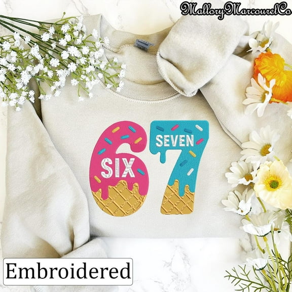 Embroidered Six Seven Meme Sweatshirt, Funny Ice Cream 6 7 Embroidery Hoodie, Viral Gen Z Embroidered T-shirt, Meme Embroidered Shirt Gift