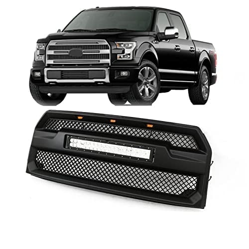 JX RACING·PERFORMANCE·ACCESSORIES Front Upper Grille With LED Light Bar Compatible with Ford F150 2015 2016 2017 Matte Black W/O Camera Hole