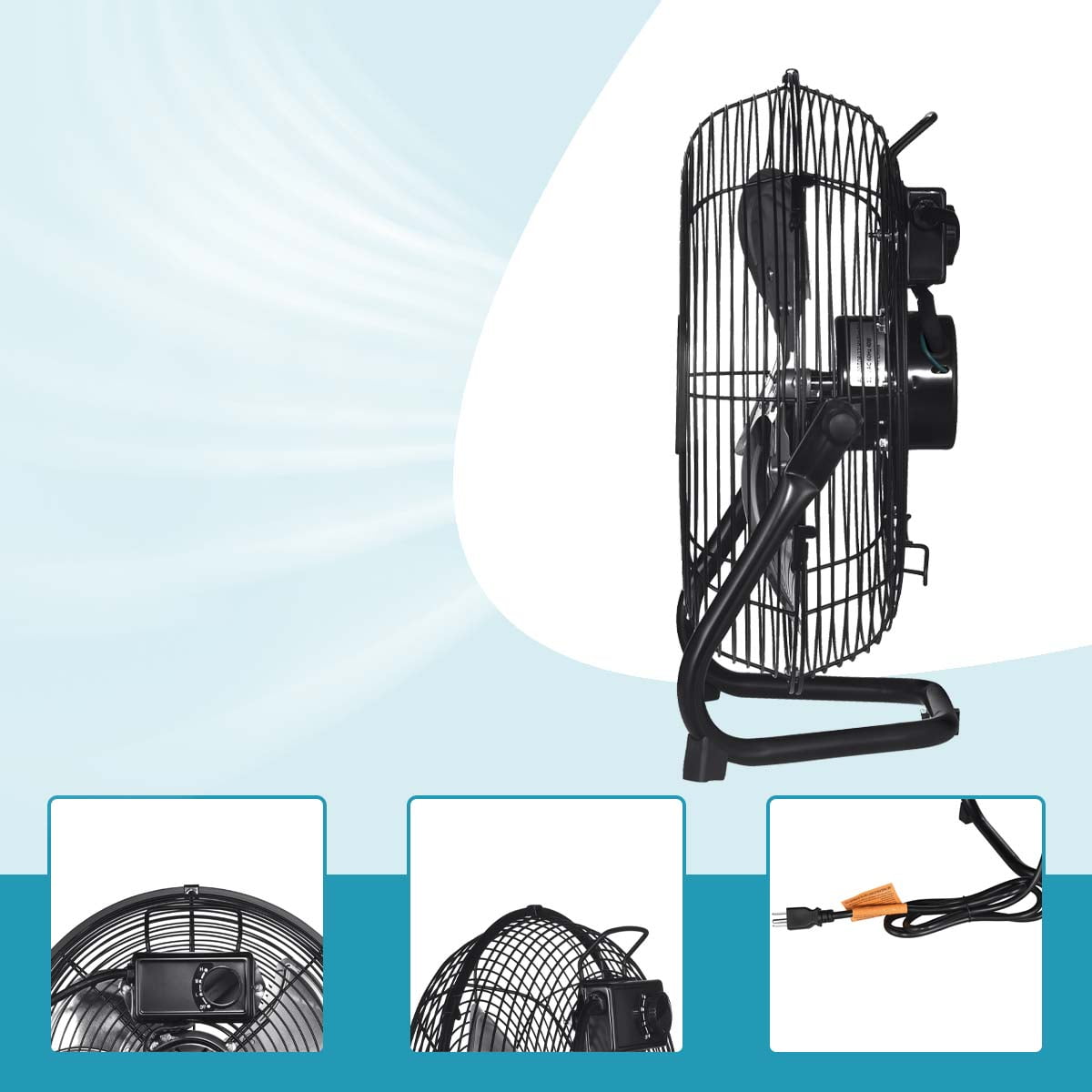 18" 3-Speed High-Velocity Industrial Heavy Duty Metal Floor Fan in Black with Tilting Head for Outdoor Indoor Use