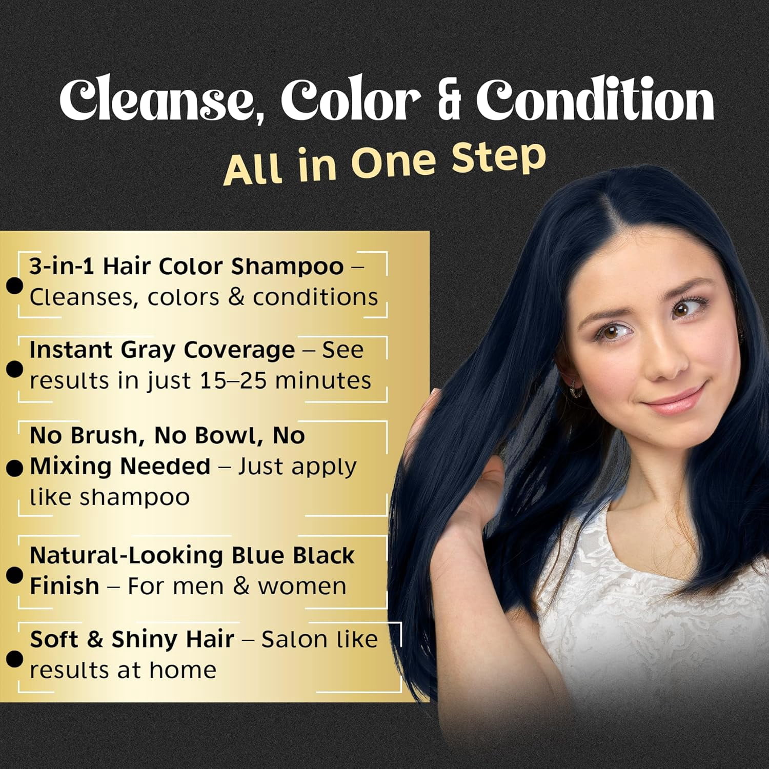 Herbishh Blue Black Hair Dye Shampoo 500ml, Color Shampoo for Grey Hair, 3-in-1 Natural Hair Dye, Ammonia-Free Formula, Hair Color for Women & Men