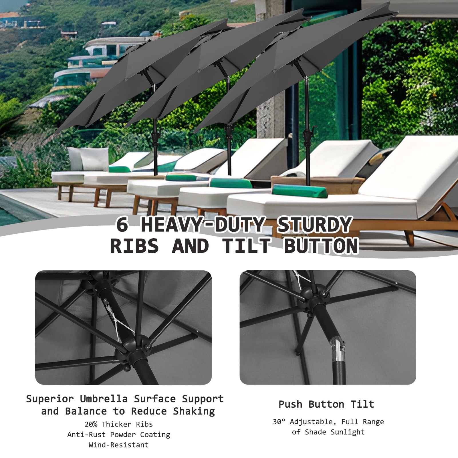 Autlaycil 7.5’ Patio Umbrella with Tilt and Crank, Adjustable Outdoor Market Umbrellas, 6 Sturdy Ribs UV Protection Water Resistance for Garden, Deck, Backyard, Pool (Grey)