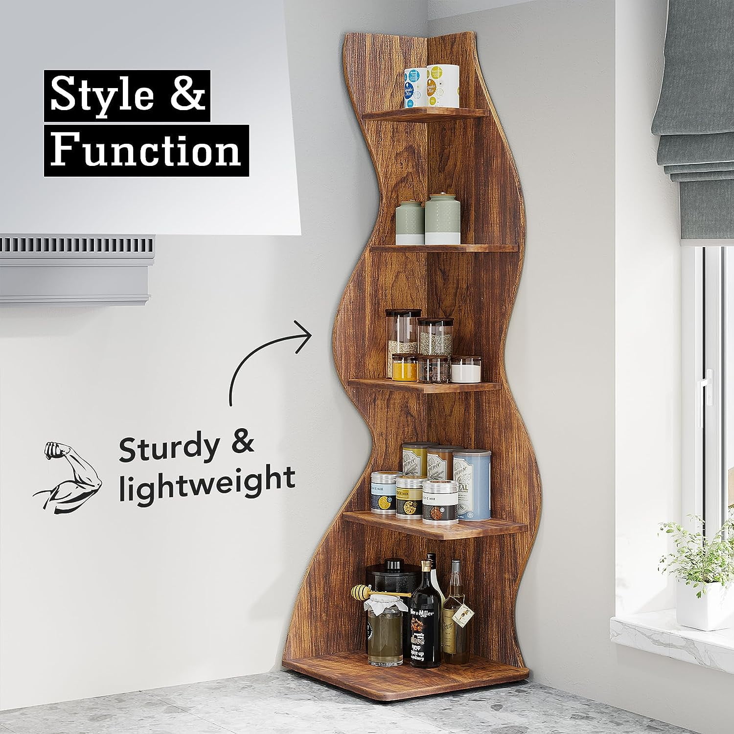 Tribesigns Corner Shelf, Modern 5-Tier Corner Bookshelf, Stylish Corner Bookcase Plant Stand (Rustic Brown)