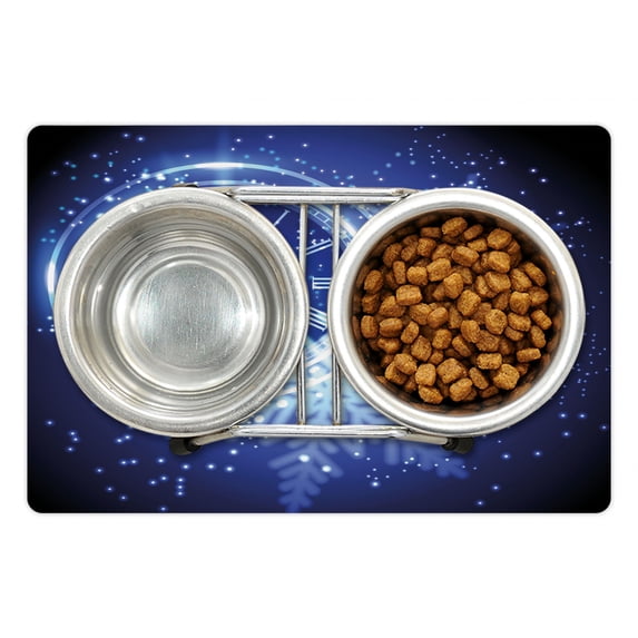 Clock Pet Mat for Food and Water, Countdown to New Year Theme a Clock Holiday and Snowflakes Pattern Celebration Design Print, Non-Slip Rubber Mat for Dogs and Cats, 18" X 12", by Ambesonne