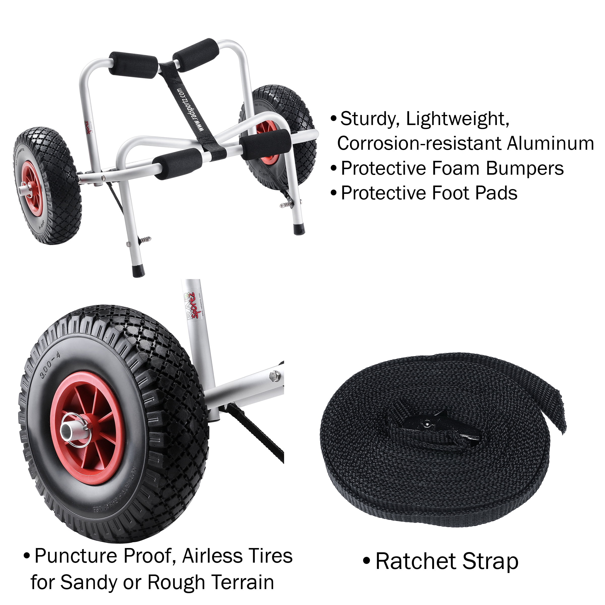 Kayak Trolley Cart with Airless Tires - 140LB Capacity for Transporting Kayak Paddleboard SUP Canoe ? Aluminum Frame by RAD Sportz (White)