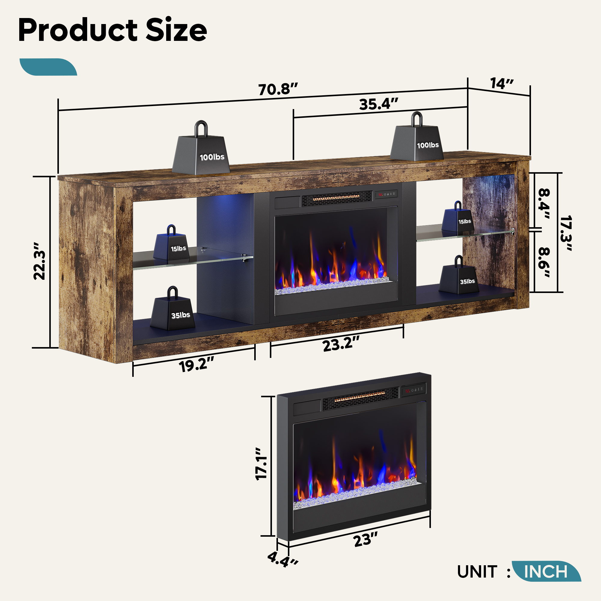 Bestier 70" Fireplace TV Stand with LED Lights, Rustic Brown photo 5