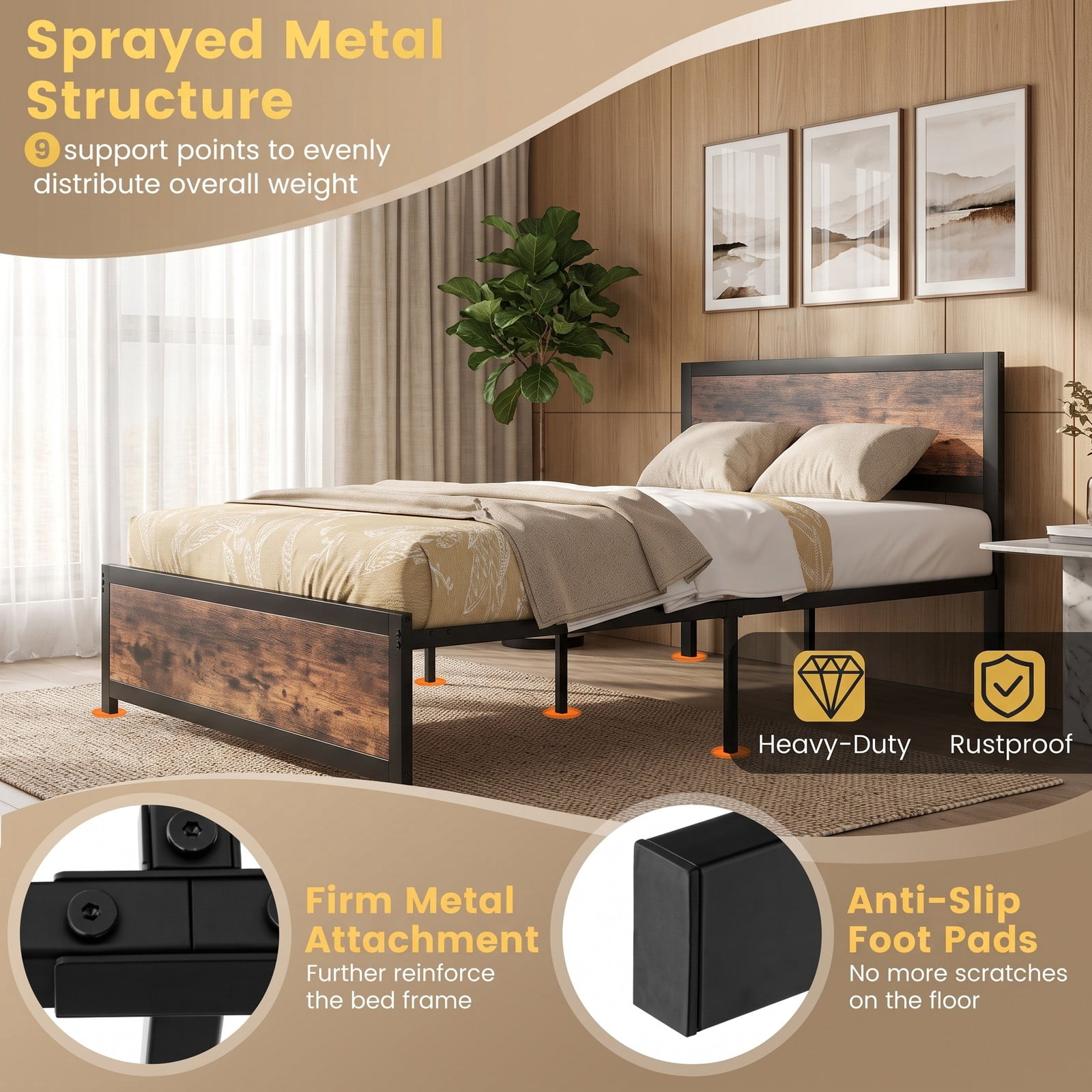 Furnibear Twin Bed Frame with High Wood Headboard, Heavy Duty Metal Platform Bed Frame with Mute Bars for Bedroom, Rustic Brown and Black