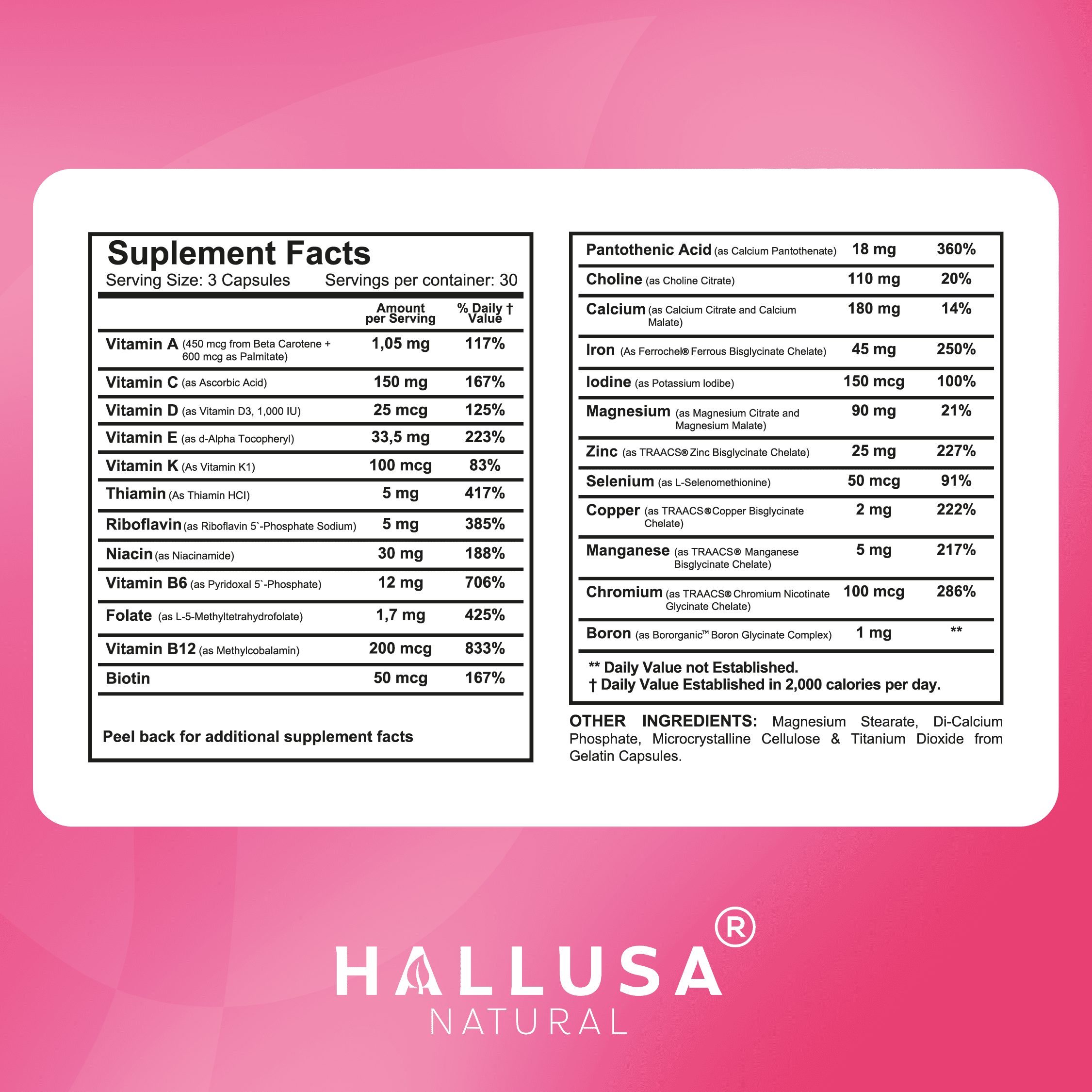 HALLNATAL - Basic Prenatal Vitamins for Women, Folate, Iron, B12 + 20 Essential Vitamins and Minerals, Pregnant and Nursing Women - 90 Capsules - 30 Servings - Hallusa Natural