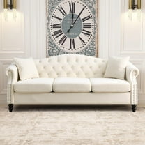 Beige Velvet Sofa, TUANLUO 79"L Couches and Sofas, Velvet Upholstered Sofa Furniture, Chesterfield Sofa with 2 Pillows and Wood Legs, Heavy Duty Sofa for Home Living Room, 79"L x 30"W x 32"H