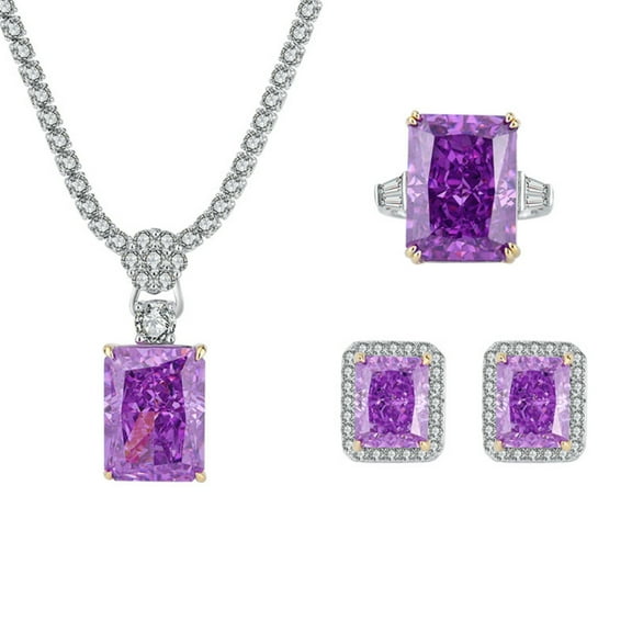 3pcs Fancy Jewelry Set for Bride Sparkling Radiant Cut CZ Purple Gemstone Pendant Necklace Stud Earrings Size 5-9 Rings Dainty Women Jewelry Set for Birthday Prom