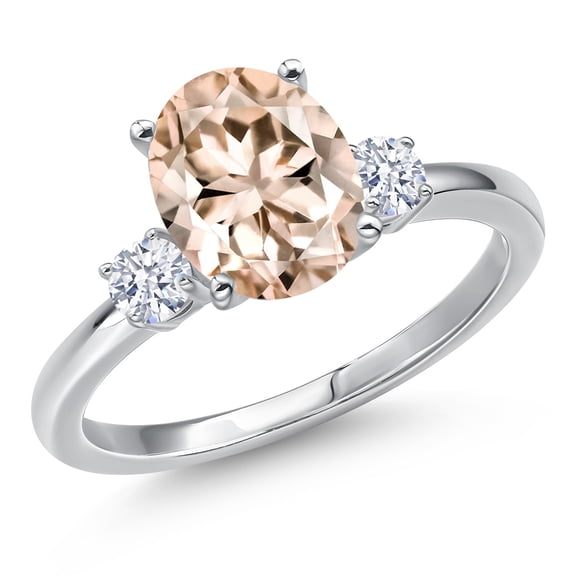 Gem Stone King 14K White Gold Peach Morganite and White Zirconia Engagement Ring for Women | 2.22 Cttw | Oval 10X8MM | Gemstone October Birthstone | Size 6