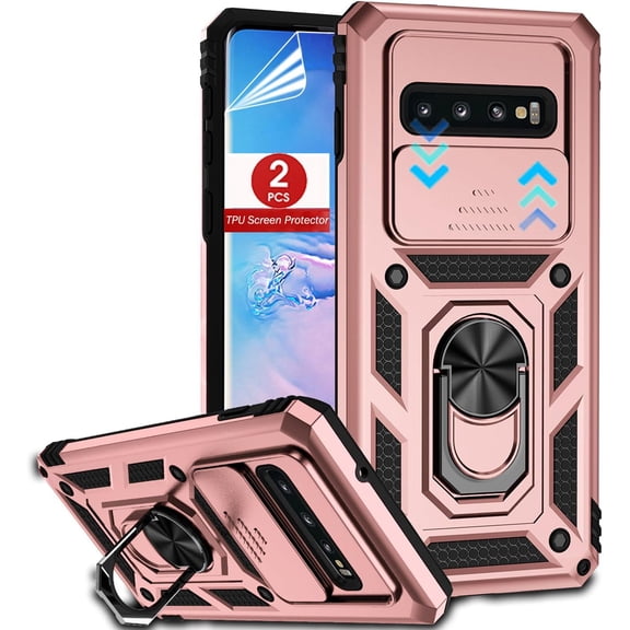 for Samsung Galaxy S10 Plus Case with Slide Camera Cover and TPU Screen Protector [2 Pack], 360° Rotation Ring Kickstand [Military Grade] Case for Galaxy S10 Plus (Rose Gold)