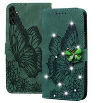 Dteck for Samsugn Galaxy A14 5G Case Wallet with Credit Card Slots Sparkle Diamond Rhinestone Butterfly Cute for Girls PU Leather Magnetic Closure Folio Flip Phone Cover for Samsung A14 5G,Green