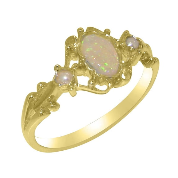 LBG British Made 18k Yellow Gold Natural Opal & Cultured Pearl Womens Promise Ring - 33 size options - Size 7