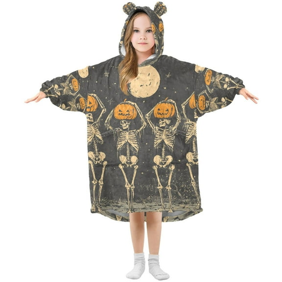 FORMRS Wearable Blanket Hoodie with Sleeves for Kids Cozy Flannel Sweatshirt, Beige Halloween Skeleton