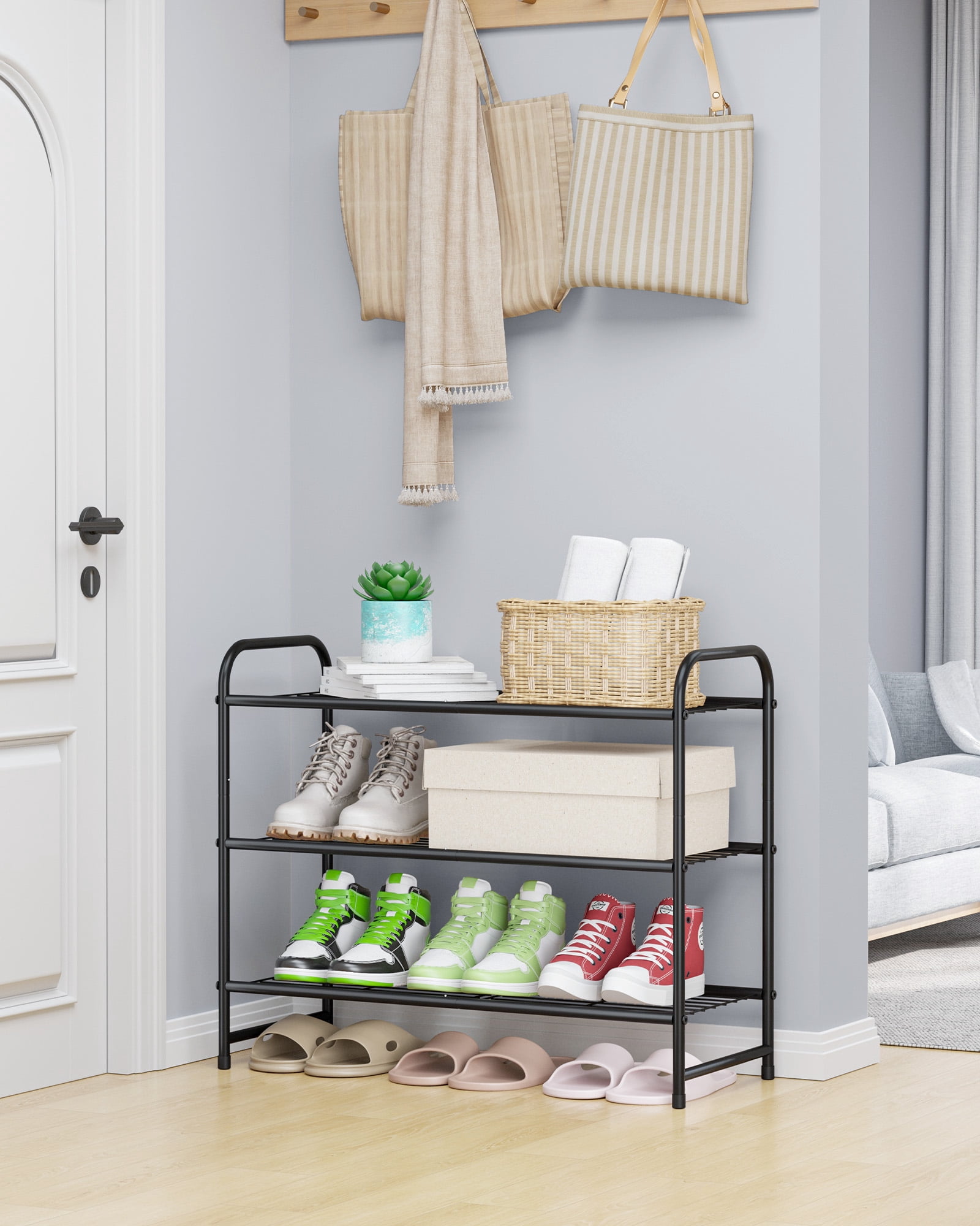 Kitsure Shoe Rack - Stainless Steel Shoe Organizer, Sturdy Shoe Rack for Closet and Front Door Entrance, Free Standing Shoe Shelf, Closet Organizers and Storage, 25.6" Wide - 3 Tier, Black
