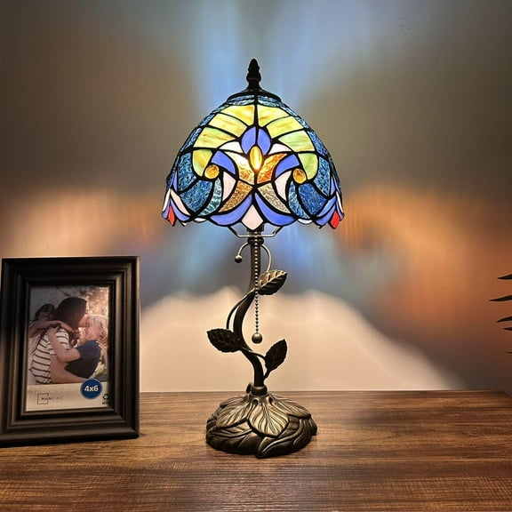 Tiffany Table Lamp Green Brown Stained Glass LED Bulb Included for Living Room Bedroom Bedside 8"W*8"D*16"H
