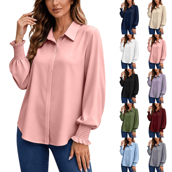 Button Down Shirts for Women Smocked Cuffed Solid Colors Shirt Work Office Casual Collar Long Sleeve Tops