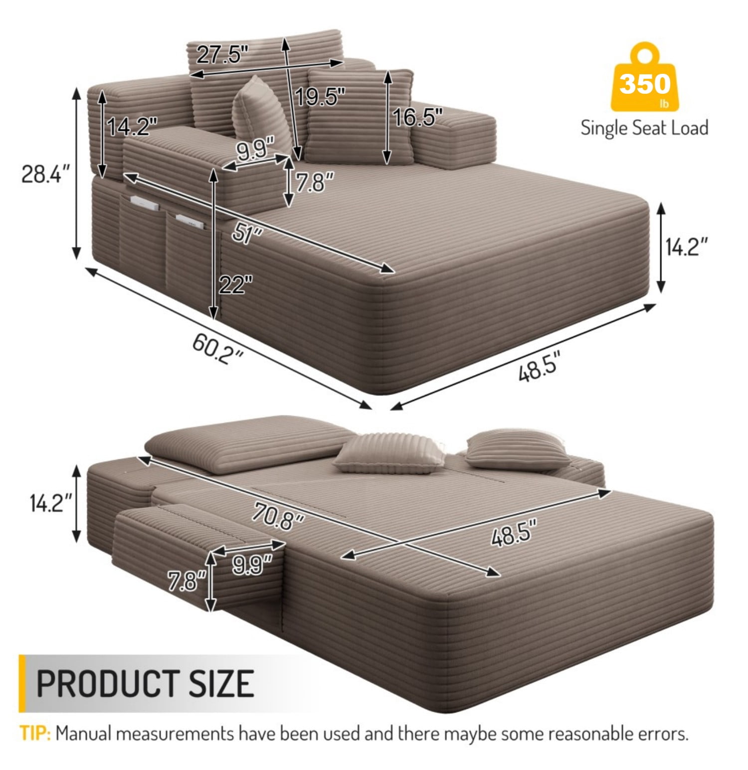 Aukfa Chaise Lounge Chair Indoor, Oversized Corduroy Boneless Sleeper Sofa Bed with Storage Pockets, Adjustable Backrest&3 Pillows, Reading Couch for Living Room Apartment, Coffee