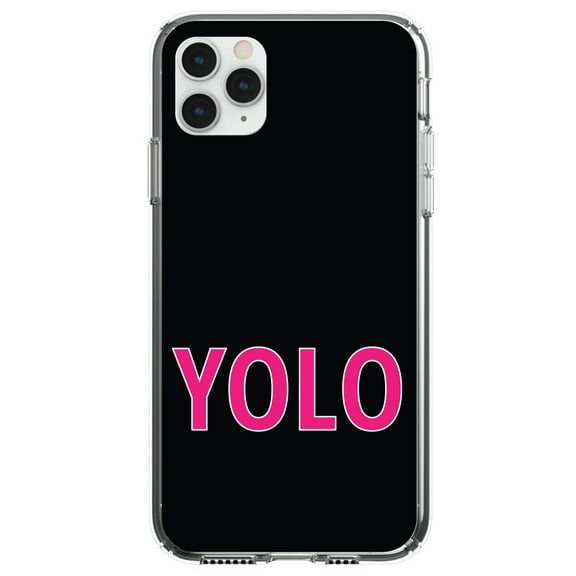 DistinctInk Clear Shockproof Hybrid Case for iPhone 13 (6.1" Screen) - TPU Bumper, Acrylic Back, Tempered Glass Screen Protector - Black Pink YOLO
