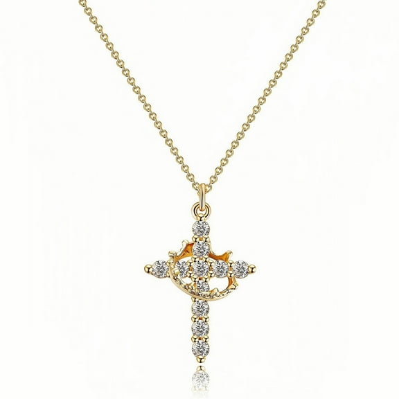 925 Sterling Silver Crown Cross Necklace for Women Teens, Dainty Cubic Zirconia Pendant Simple Faith Cross Jewelry Necklace