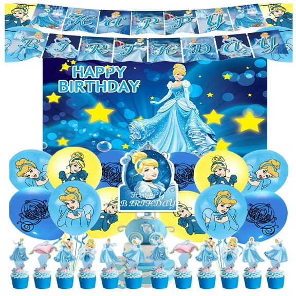 Princess Kids Cartoon Birthday Party Decorations - Birthday Banner, Balloons, Background, Cupcake Decorations