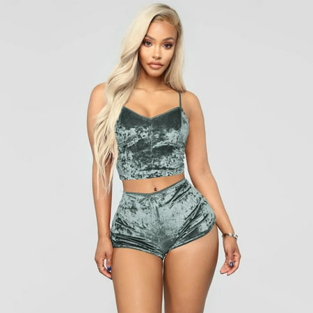

New Women Deep V Sexy Lingerie Velvet Camisole Bow Shorts Set Bra Underwear